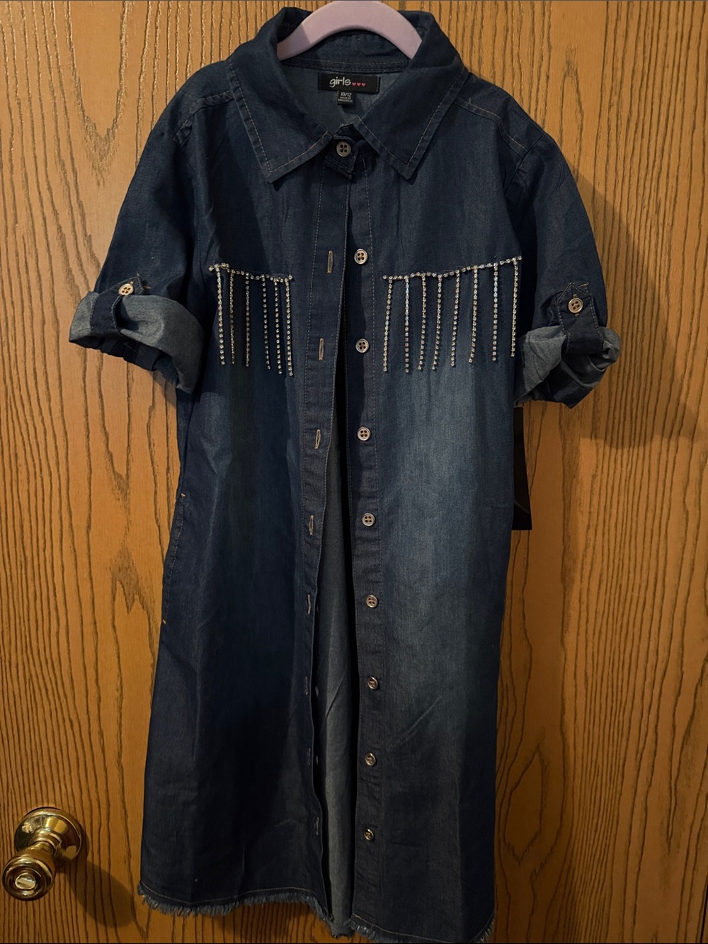 Dark Denim Button-Front Dress with Rhinestone Fringe